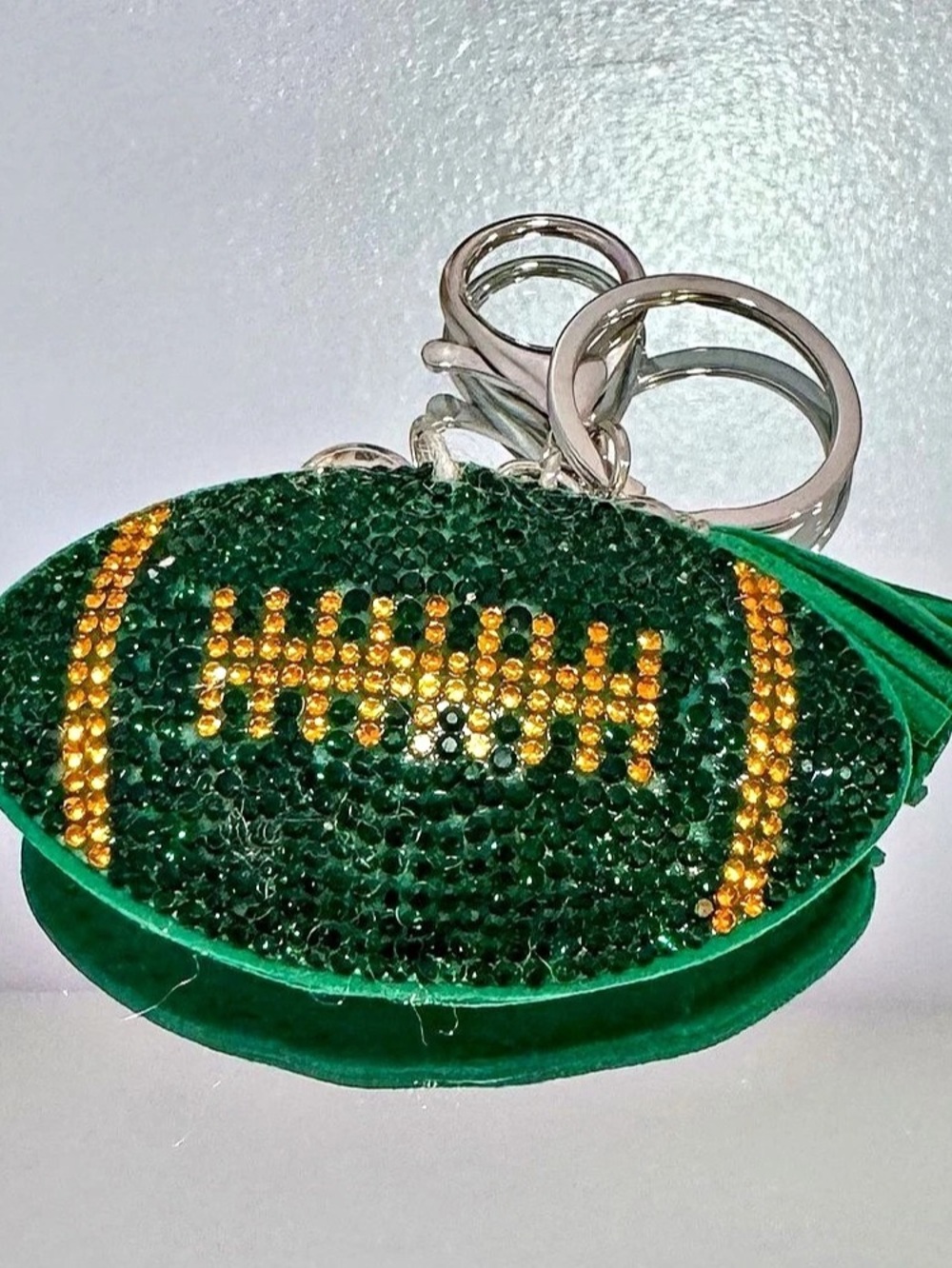 New Green & Gold Football Keychain Bag Charm w/ silver hardware
